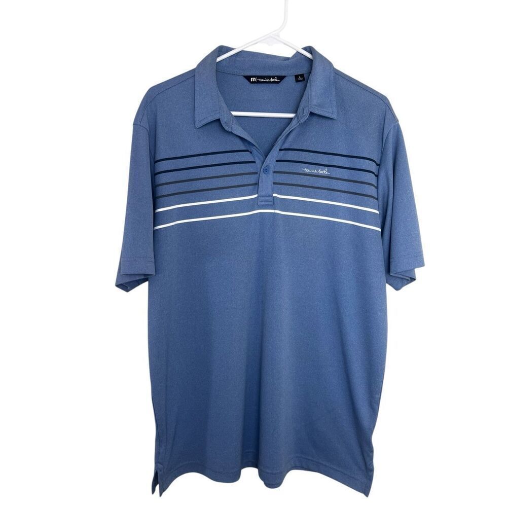 Travis Mathew Large Year After Year golf polo shirt in a blue color striped